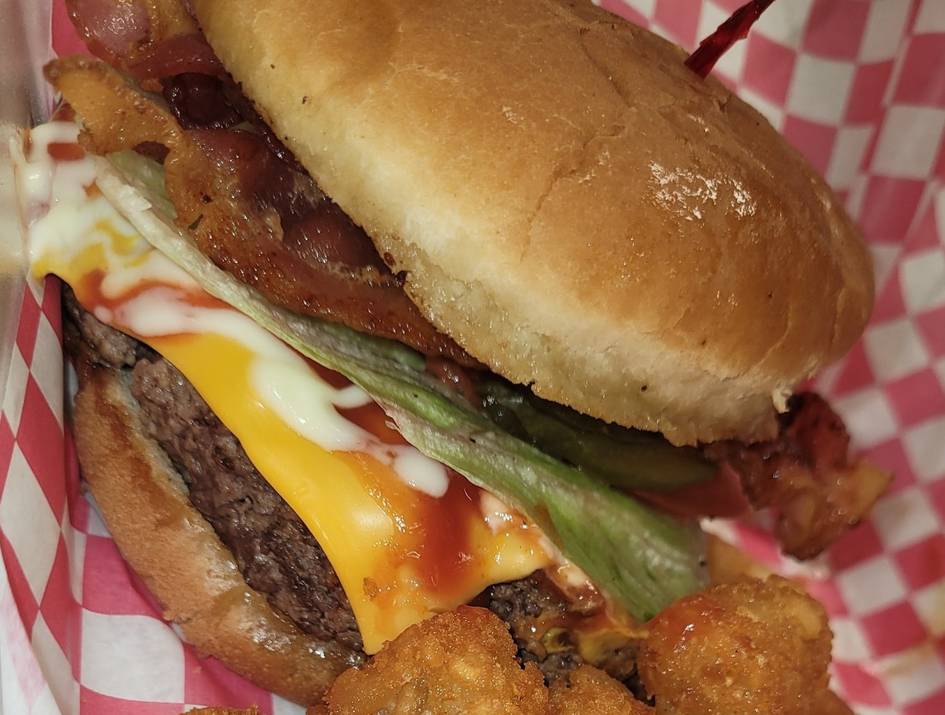 Chili Bacon Burger LETTUCE Option Choice of Cheese Tomato Pickles Onions Ketchup Mayo Mustard